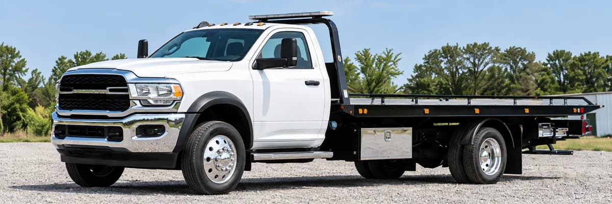 Illustrative white rollback tow truck
